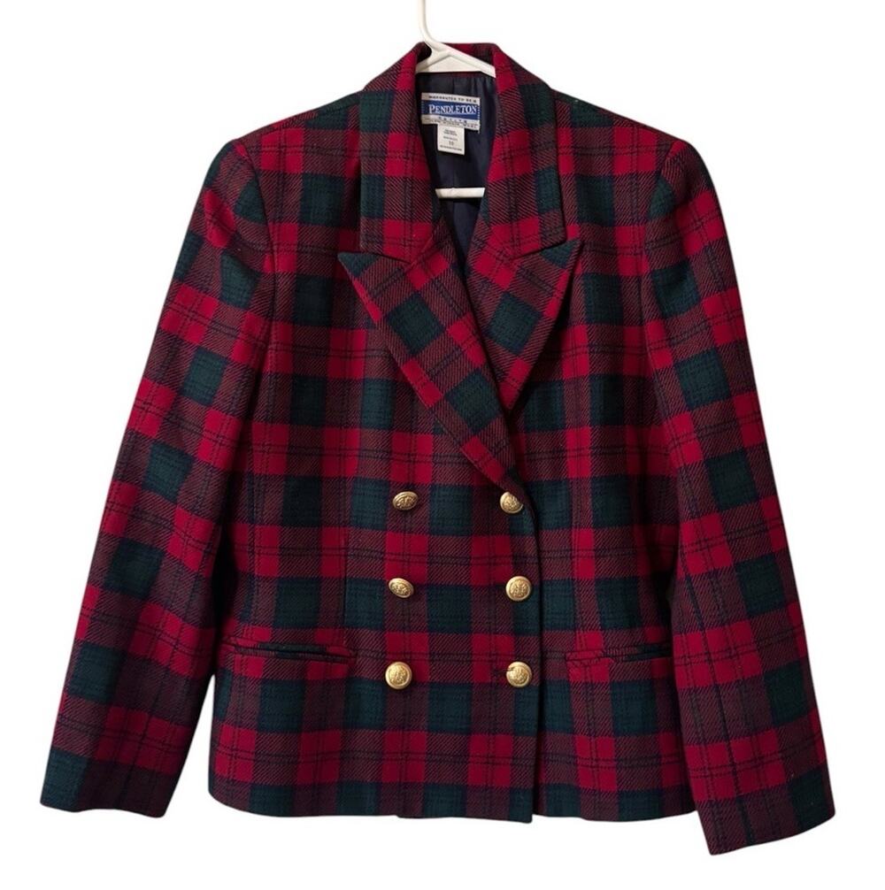 Pendleton Women Size 10 Petite Wool Blazer USA Made Gold Buttons Plaid Career‎